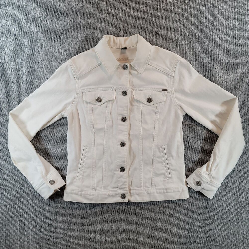 Eddie Bauer Womens Small White Denim Jacket Trucker Jean Coat Spring 2015